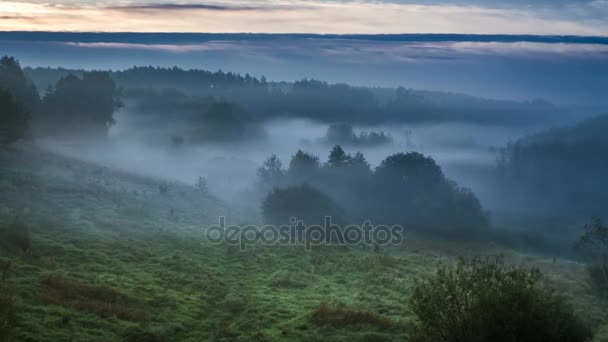 Hermoso amanecer sobre el valle con niebla impresionante en otoño, timelapse, 4K — Vídeo de stock