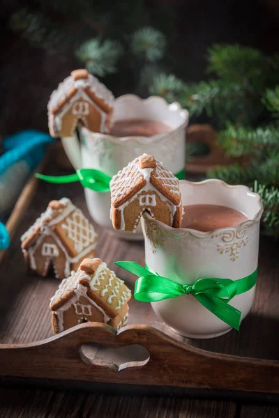 Aromatic gingerbread cottages with sweet drink as Christmas snack — Stock Photo, Image