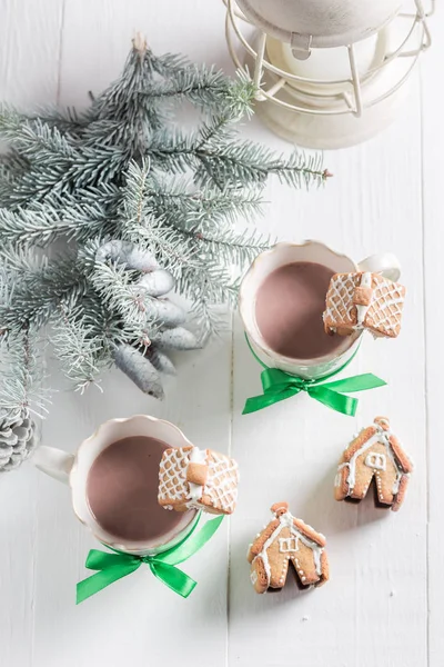 Homemade gingerbread cottages with tasty cocoa as Christmas snack — Stock Photo, Image