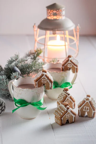 Homemade gingerbread cottages with tasty cocoa in Christmas winter evening — Stock Photo, Image