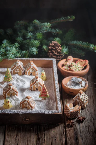 Adorable gingerbread cottages for Christmas with trees and snow — Stock Photo, Image