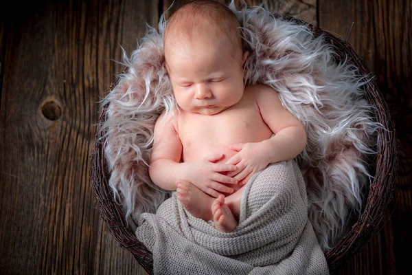 Очаровательный младенец спит на пушистом одеяле — стоковое фото