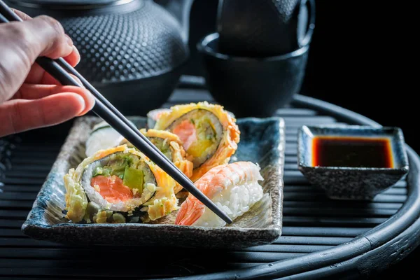 Enjoy your sushi set made of fresh vegetables and seafood — Stock Photo, Image