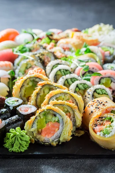 Healthy sushi set with wasabi and soy sauce — Stock Photo, Image
