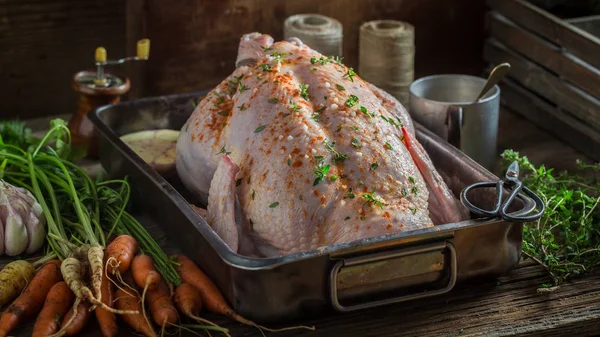 Προετοιμασία για σπιτικό κοτόπουλο στη σχάρα με λαχανικά και θυμάρι — Φωτογραφία Αρχείου