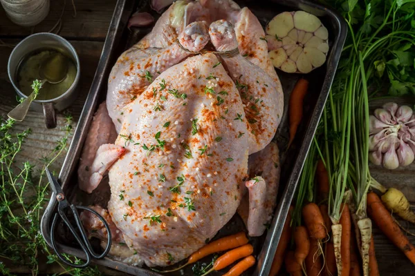 Voorbereiding voor gegrilde smakelijke kip met knoflook en worteltjes — Stockfoto