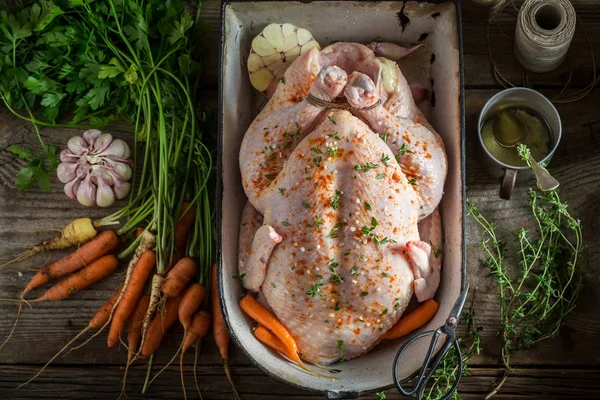 Förberedelse för grillad hemlagad kyckling med vitlök och morötter — Stockfoto