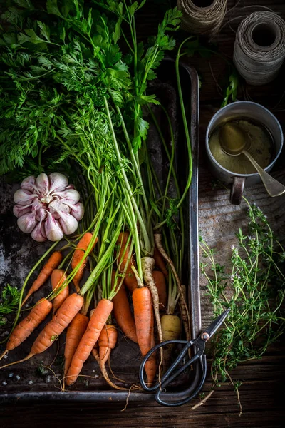 Подготовка к приготовлению вкусных овощей на гриле из овощей и тимьяна — стоковое фото