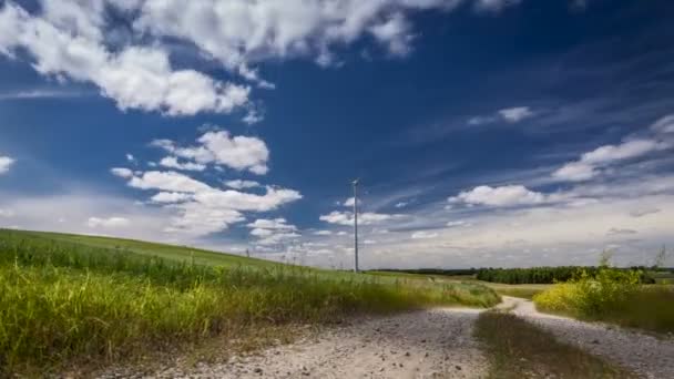 Вітряна млин на сонячний день влітку на зеленому полі, часовий пояс, 4K — стокове відео