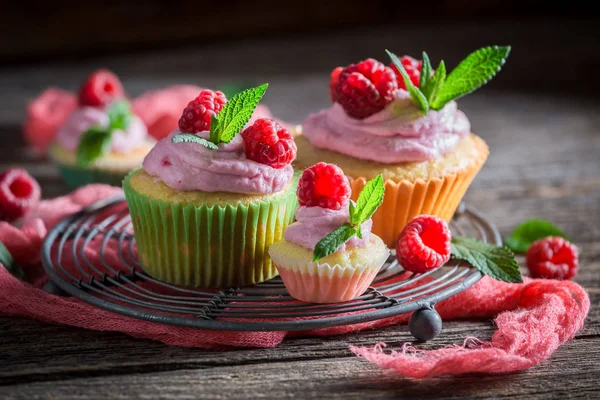 Hausgemachter Himbeer-Cupcake mit Beeren und rosa Sahne — Stockfoto