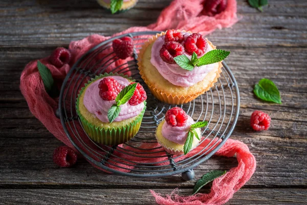 Fresh raspberry cupcake made of cream and fruits — Stock Photo, Image