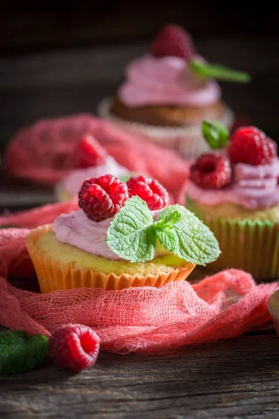 Delicious raspberry cupcake with berries and pink cream — Stock Photo, Image