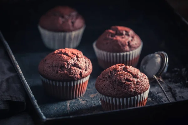 Lezzetli ve tatlı çikolatalı muffin eski bir fırın tepsisi üzerinde — Stok fotoğraf