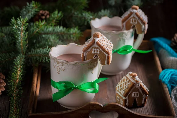 Aromatic gingerbread cottages with tasty cocoa in Christmas evening — Stock Photo, Image