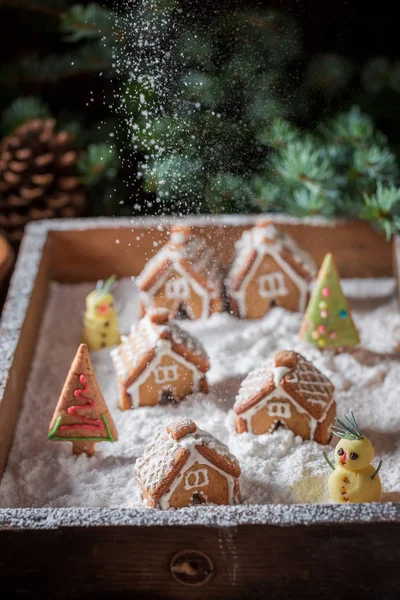 Wunderschöne und süße Weihnachten Lebkuchendorf mit Bäumen und Schnee — Stockfoto