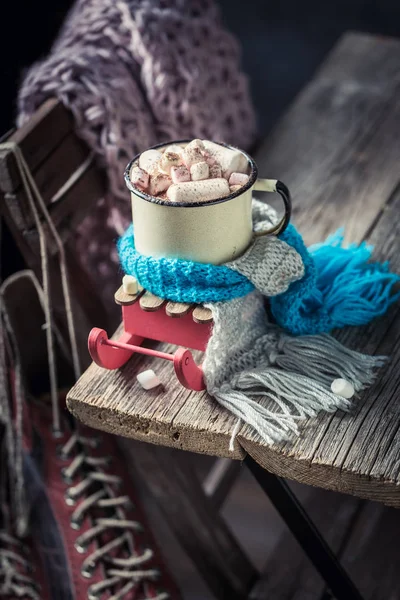 Hot and tasty chocolate with blue scarf for Christmas — Stock Photo, Image