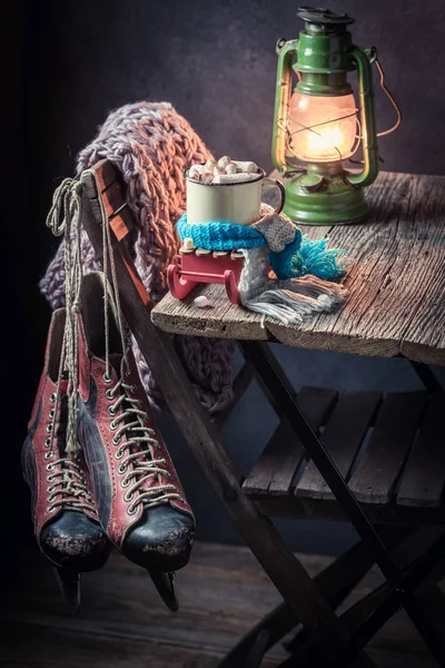 Warming up hot chocolate with blue scarf for Christmas — Stock Photo, Image