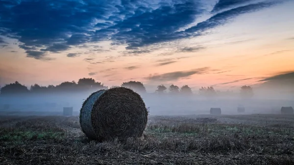 Dawn at foggy valley in autumn with hay on field — Stock Photo, Image