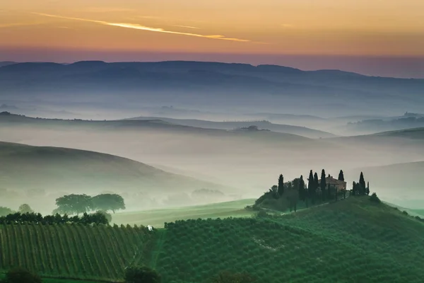 Prachtig mistige groene velden bij zonsondergang in Toscane, Italië — Stockfoto