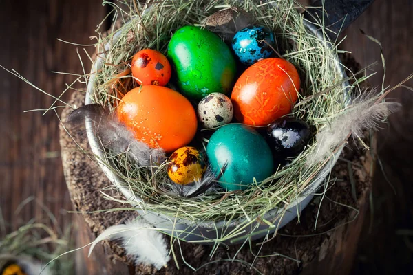 Closeup των πολύχρωμα Πασχαλινά αυγά με σανό και φτερά — Φωτογραφία Αρχείου