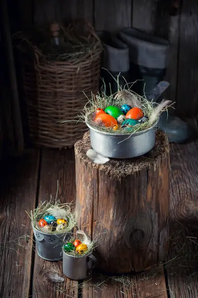 Barevná vajíčka na Velikonoce v hnízdě s peřím a seno — Stock fotografie