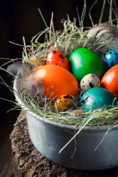 Fresh eggs for Easter on hay in metal bowl — Stock Photo, Image