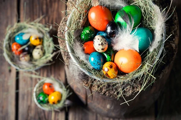 Colorful eggs for Easter in wooden small henhouse — Stock Photo, Image