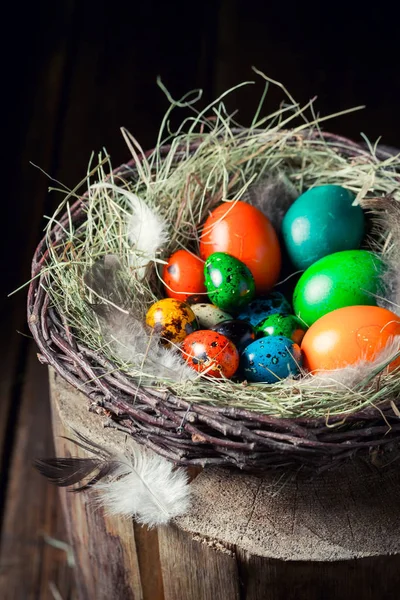 Closeup of eggs for Easter in wooden small henhouse — Stock Photo, Image