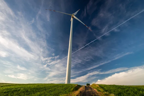 Turbinas eólicas en el campo verde como energía alternativa —  Fotos de Stock