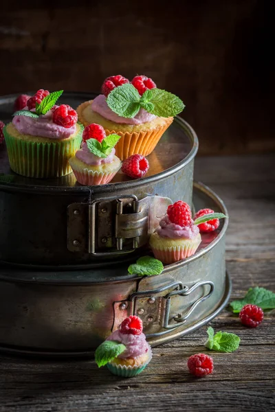 Tasty cupcake with raspberries and pink cream — Stock Photo, Image