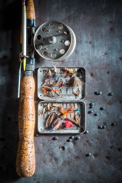 ハエ、フロート棒とビンテージの釣具 — ストック写真