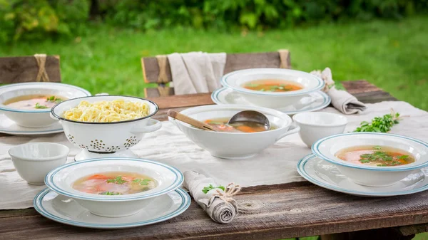 Sup ayam buatan sendiri dan sehat disajikan pada hari yang cerah — Stok Foto