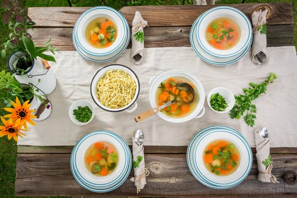 Fresh and tasty broth served in the garden — Stock Photo, Image