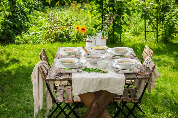 Fresh and tasty broth served on a sunny day — Stock Photo, Image