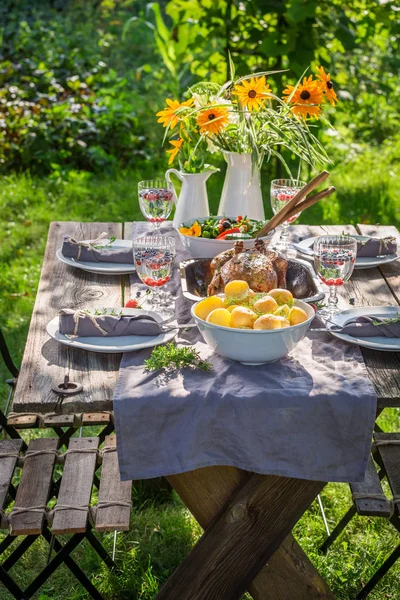 Fresh dinner with chicken and vegetables served in the garden — Stock Photo, Image