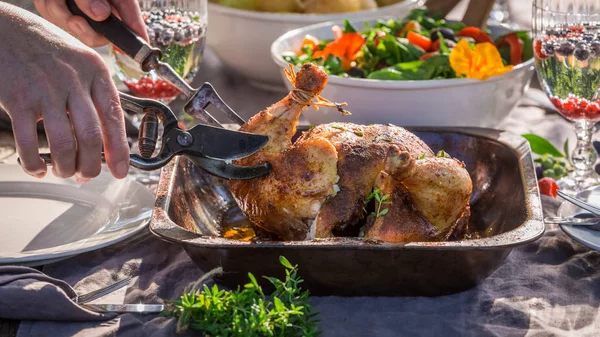 Gesundes Abendessen mit Salat und Hühnchen im Garten — Stockfoto