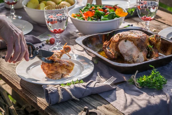 Здоровый ужин с курицей и овощами подается летом — стоковое фото