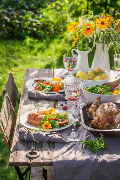Domácí salát a kuřecí večeře v krajině — Stock fotografie