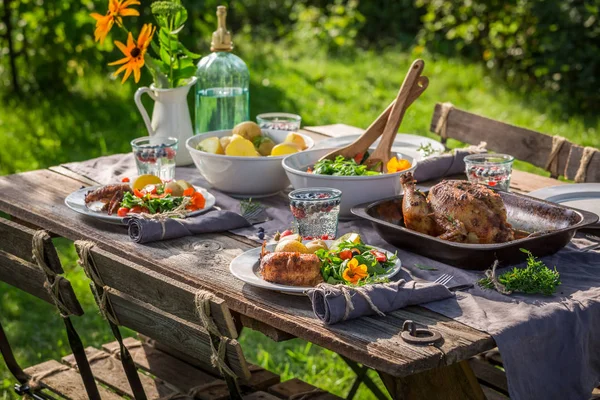 Bahçede tavuk ve sebze ile lezzetli yemek hazır — Stok fotoğraf