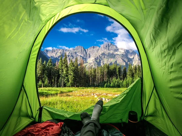 Beautiful view from tent to Tatras mountains in summer — Stock Photo, Image