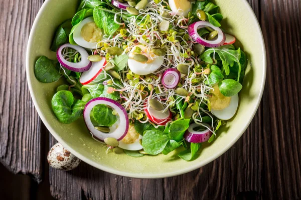 Крупный план зеленого салата с перепелиным яйцом, редиской и луком — стоковое фото