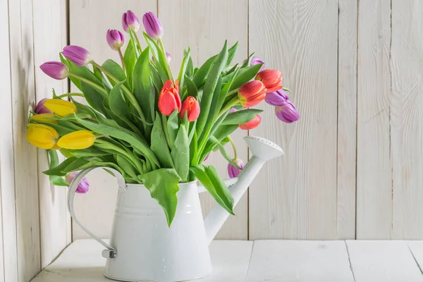 Tulipán colorido en la regadera en la mesa blanca — Foto de Stock