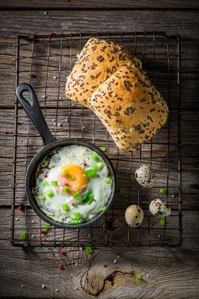 Σπιτικό τηγανητά αυγά με κουλούρι και ΣΧΟΙΝΟΠΡΑΣΟ — Φωτογραφία Αρχείου