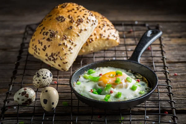 Gustose uova fritte con panino e erba cipollina — Foto Stock