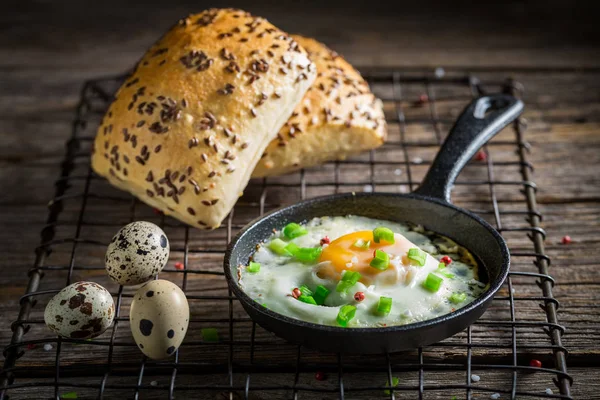 Ovos fritos saborosos com pão e cebolinha — Fotografia de Stock