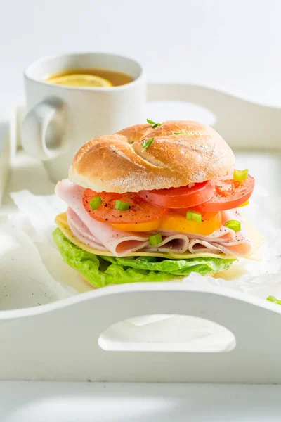 Delizioso panino con ingredienti freschi e tè — Foto Stock
