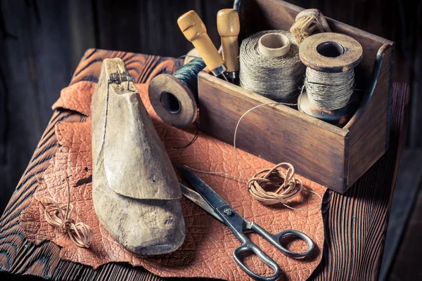 Closeup of making shoes of leather and threads — Stock Photo, Image