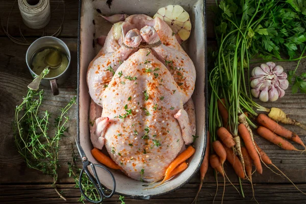 Ingredients for roasted chicken with vegetables and herbs — Stock Photo, Image