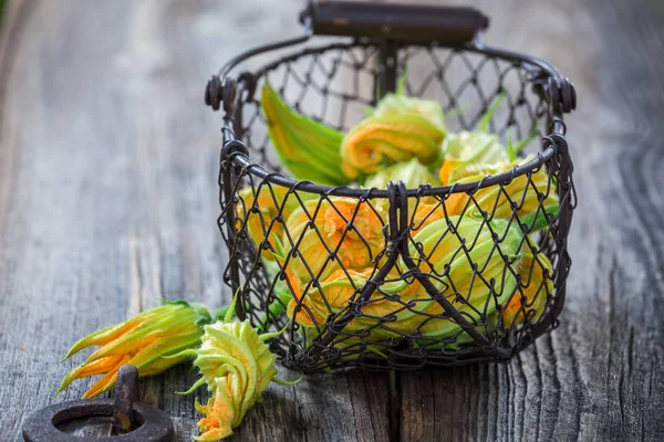 Fresh and green zucchini flowers in old basket — Stock Photo, Image