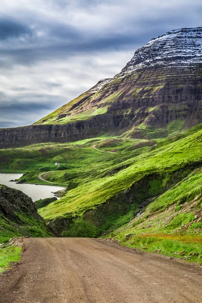 Berg en kleine huisje in de zomer, IJsland — Stockfoto